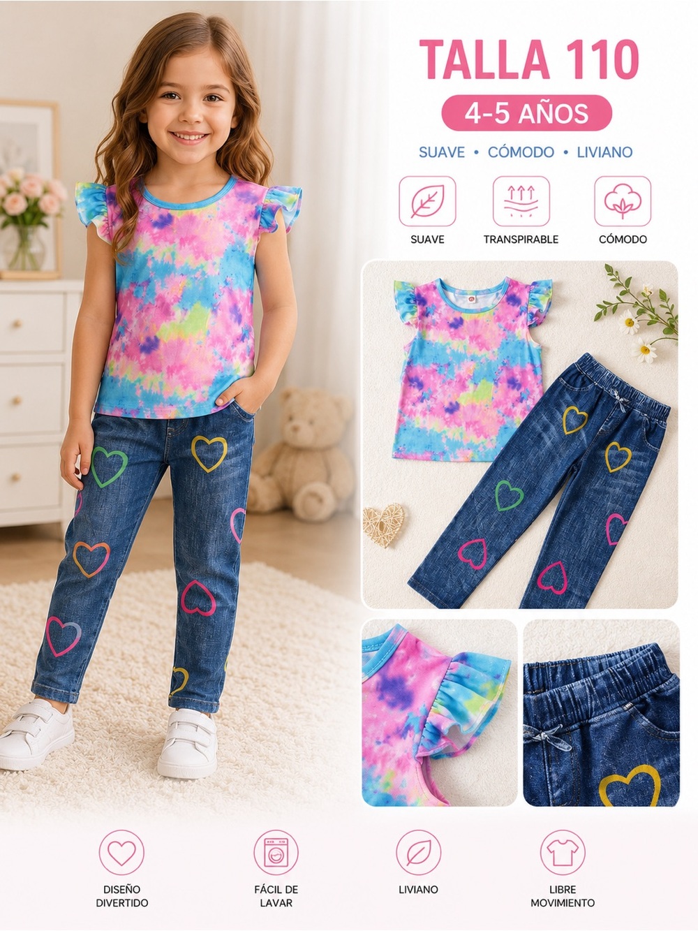PatPat Tie-Dye Flutter Sleeve Top and Heart Denim Pants - Pink/Blue/Green